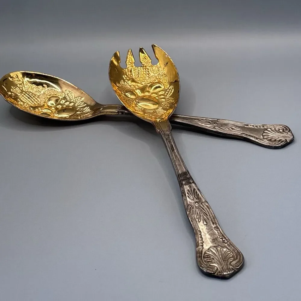Vintage Gold/Silver  Tone Salad Serving Spoon Fork Set Embossed Fruit Pattern